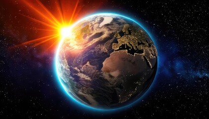 Fototapeta premium Earth with sun rays shining from space, depicting the beauty of our planet.