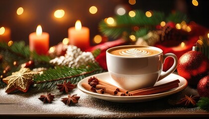 Festive coffee cup with cinnamon, candles, and holiday decorations.