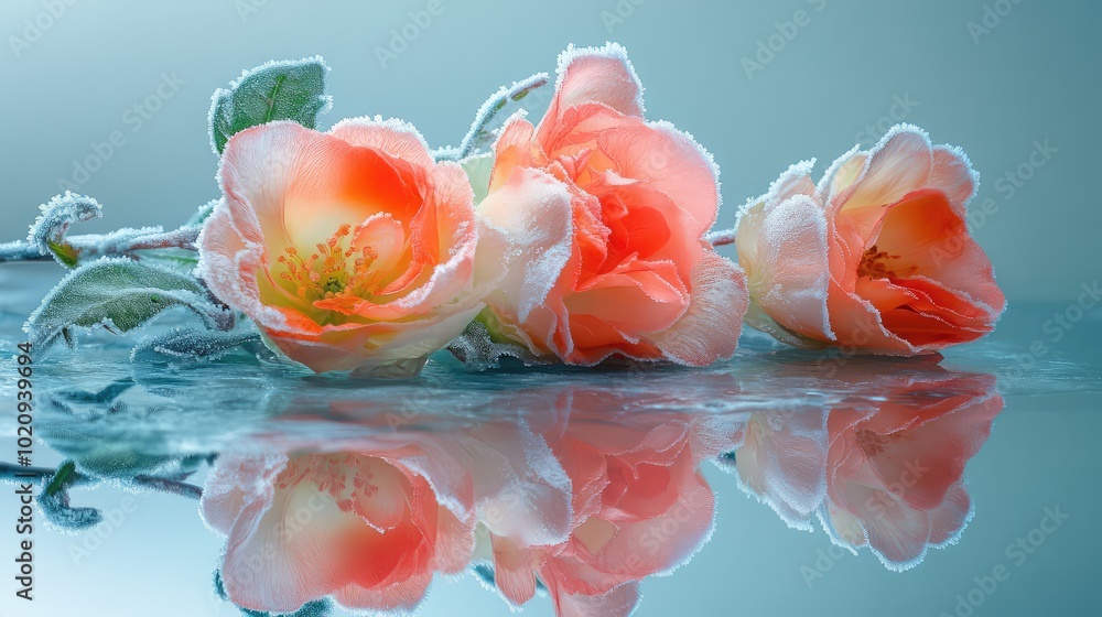 Poster a frozen flower arrangement placed on a reflective surface, creating an artistic and serene composit