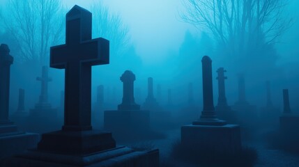 Misty Cemetery at Dawn with Silhouetted Tombstones, AI