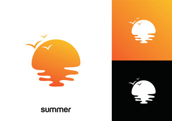 sea wave with sun circle logo icon design template	