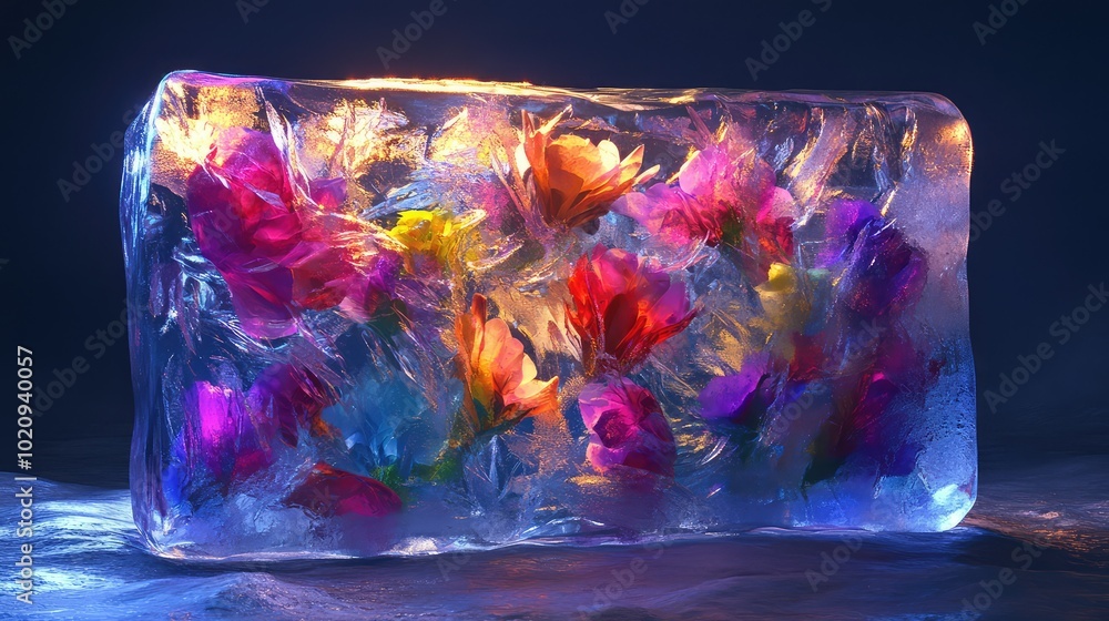 Poster a large block of ice with a colorful bouquet embedded inside, showcasing the interplay of light and 