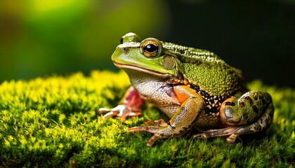 Obraz premium Close-up of a Vibrant Green Frog Sitting on Moss in a Forest