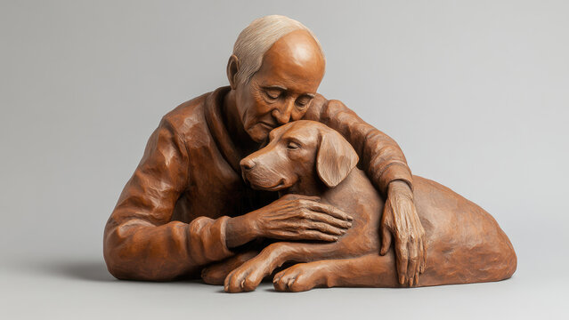 Wooden sculpture of dog and elderly hands, touching and sentimental art