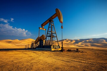 Fototapeta premium Desert Oil Pumpjack Under Clear Blue Sky at Sunset