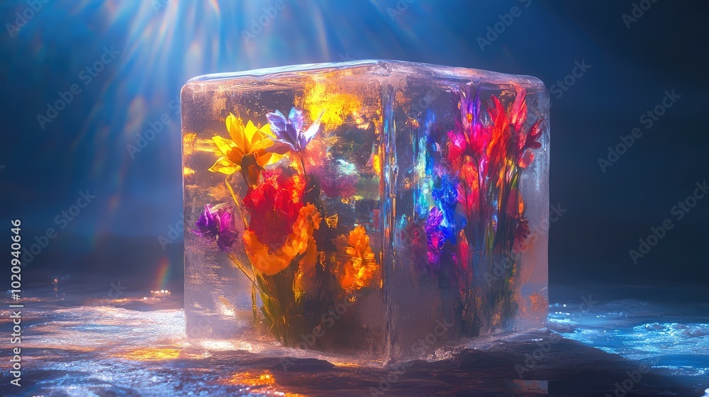 Poster a large block of ice with a colorful bouquet embedded inside, showcasing the interplay of light and 