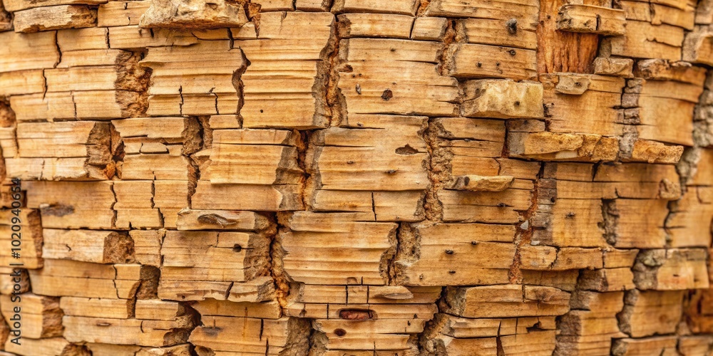 Poster A close-up view of the textured bark of a tree, revealing intricate patterns of peeling layers and cracks in shades of brown and beige.