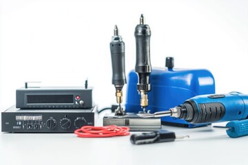 A selection of office tools and stationery items arranged neatly on a table