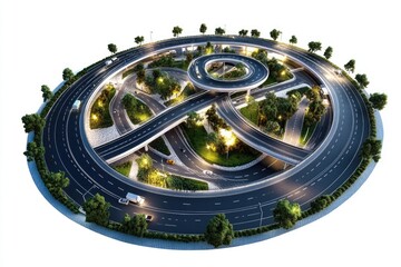 Aerial shot of a busy highway intersection at night, with cars and trucks moving along the roads