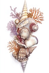 Obraz premium A collection of seashells and coral on a clean white surface