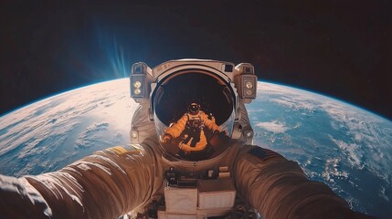 An astronaut taking a selfie with Earth visible in the background