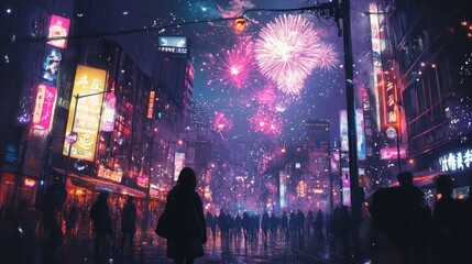 People enjoying fireworks over a neon-lit city street