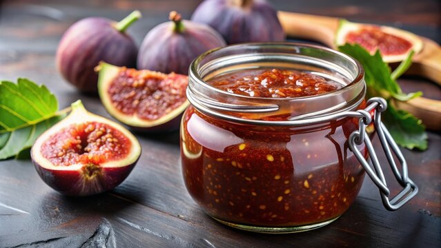 Closeup of a fig jam jar with sweet figus carica confiture, canned fig marmalade