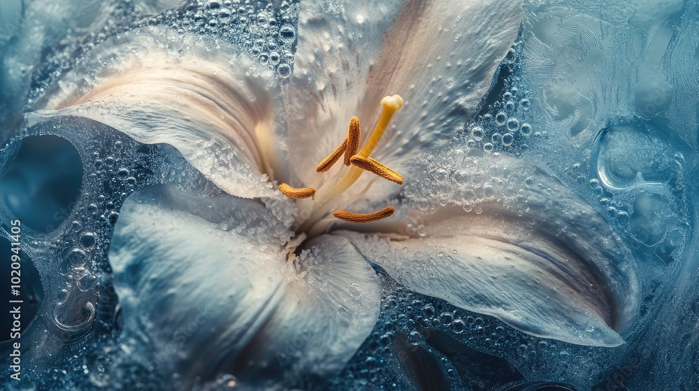 Aufkleber a macro image of a lily trapped in ice, with bubbles frozen around its petals, creating an ethereal 