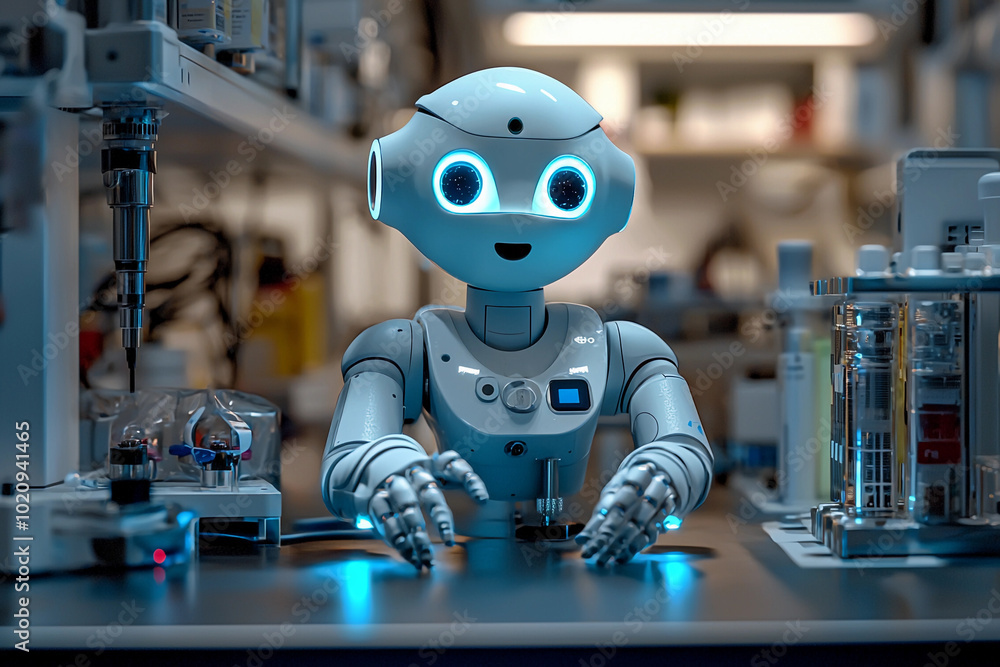 Poster small robotic assistant in a modern lab setting during daytime