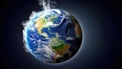 Fototapeta premium Planet Earth surrounded by smoke, on a dark background, representing environmental issues.