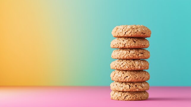 Stack of oatmeal cookies, vibrant rainbow background, 3D illustration