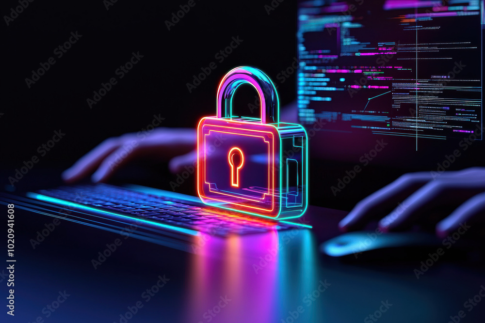Poster a colorful digital lock symbol over a keyboard, representing online security and data protection in 