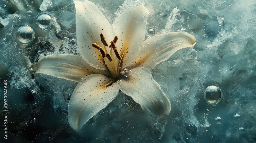 Aufkleber a macro image of a lily trapped in ice, with bubbles frozen around its petals, creating an ethereal 