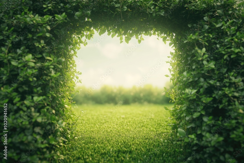 Poster a picturesque scene of a lush green field with a small archway in the middle, perfect for use in lan