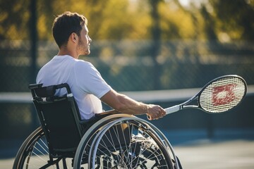 A person in a wheelchair holding a tennis racquet, suitable for sports or inspirational themes