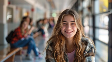 Young smiling girl college student or teacher looking at camera standing in university campus. Happy hispanic millennial woman professional posing in modern coworking creative office space.