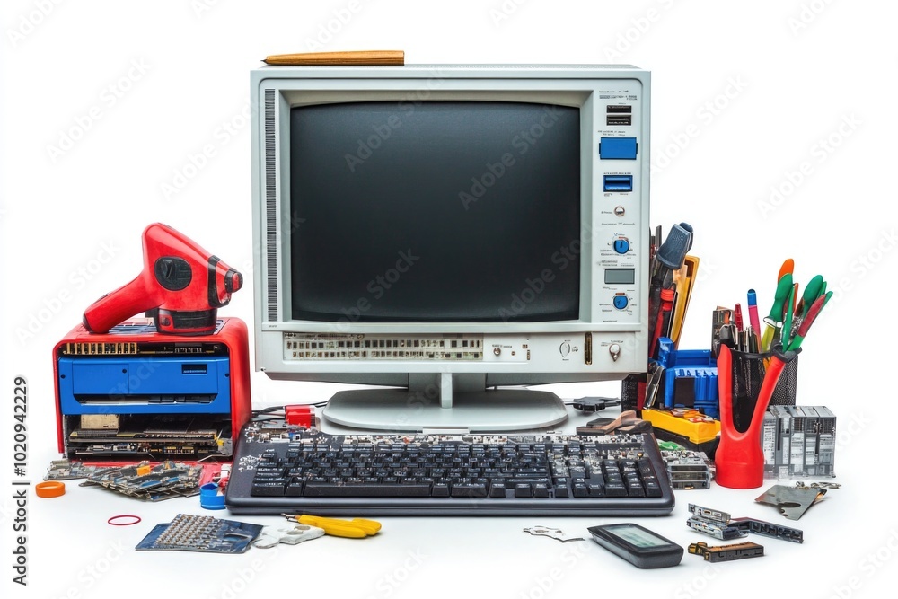 Poster a desktop computer sitting on a desk, ready for use