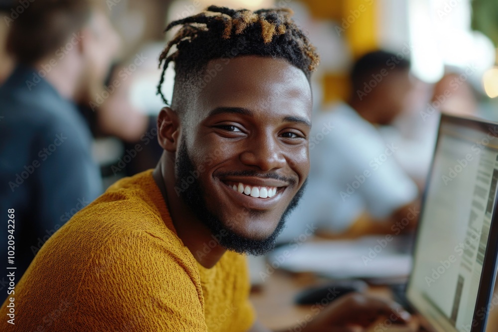 Poster A person smiling while using a laptop computer, great for depicting modern worklife or online learning