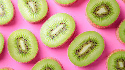 Fototapeta premium Vibrant kiwi slices arranged on a bright pink background, showcasing their refreshing color and unique texture, perfect for food imagery.