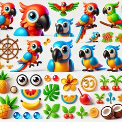 Naklejka premium 3D Cartoon Parrot Tropical Summer Set