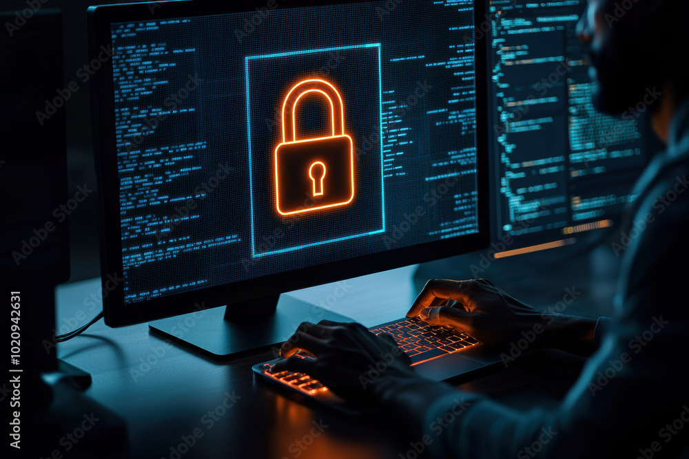 Poster a darkened workspace showcasing a computer screen with a lock symbol, representing cybersecurity and
