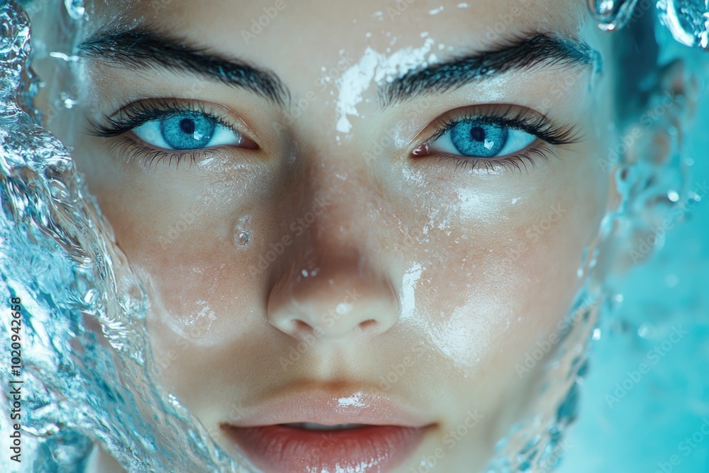 Poster close-up shot of a person's face with bright blue eyes, ideal for use in portraits or as a focal poi