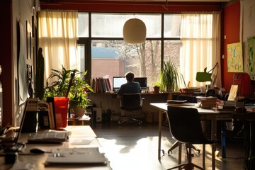 Fototapeta premium A person sits at a desk near a window, likely working or studying