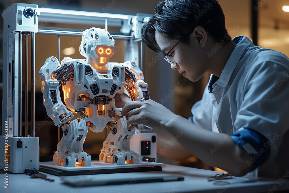 Poster young engineer assembling a robotic figure in a modern workshop