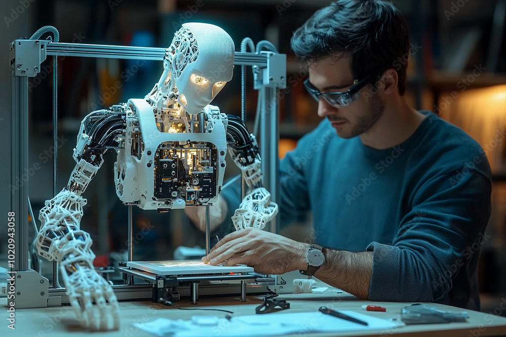Poster a robotics expert designs a humanoid robot in a workshop
