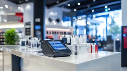 Modern Retail Checkout Area with Products Displayed