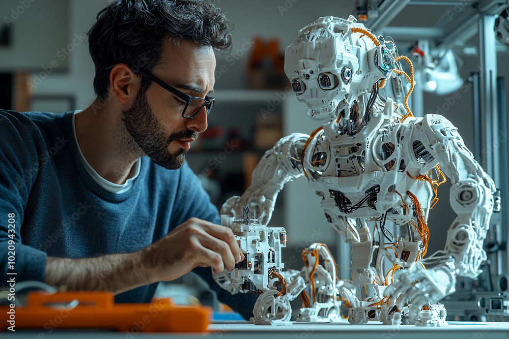 Aufkleber man assembling a robotic figure in a creative workspace at home