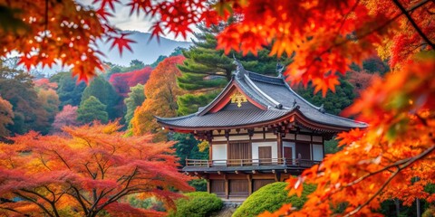 Traditional Japanese temple peeking through vibrant maple leaves in autumn , Japan, architecture, religion, nature, fall