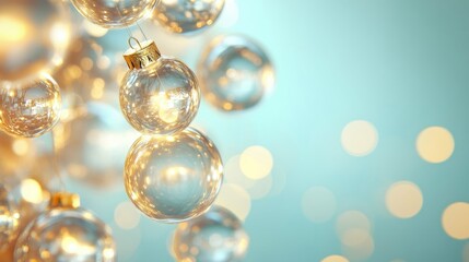 Decorative Christmas transparent balls garlands on a blue background, with bokeh in the background, shallow depth of field, New Year's decor, Merry Christmas