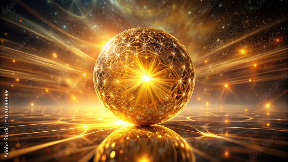 Poster A glowing sphere with intricate geometric patterns rests on a network of golden lines, creating a mesmerizing display of light and energy.