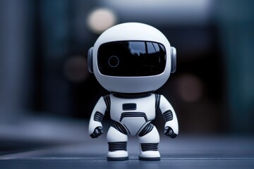 A small toy robot standing on a wooden table, possibly as a decoration or display