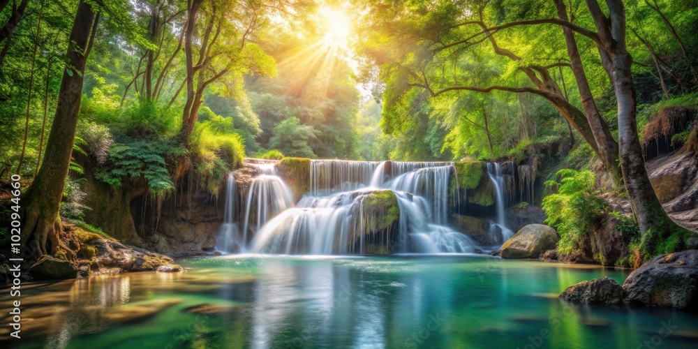 Poster sunlight filtering through lush canopy illuminates a cascading waterfall in a tranquil forest oasis
