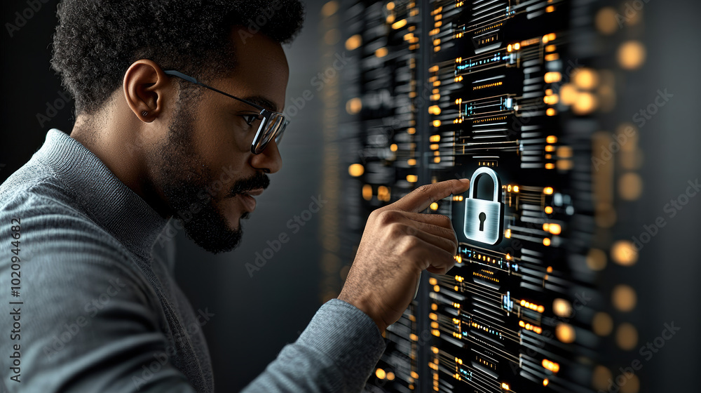Poster a focused individual interacting with a digital display, emphasizing security and technology in a mo