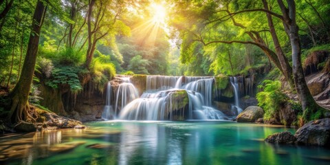 Obraz premium Sunlight Filtering Through Lush Canopy Illuminates a Cascading Waterfall in a Tranquil Forest Oasis