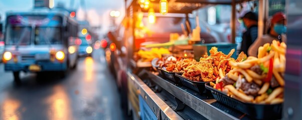 Street Food Truck, vibrant colors, urban setting, bustling crowds, photography
