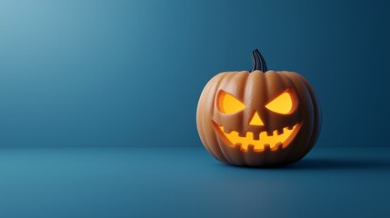 Creepy jack-o'-lantern face with glowing eyes, eerie background, 3D illustration copy space for text, focus cover all object, deep dept of field