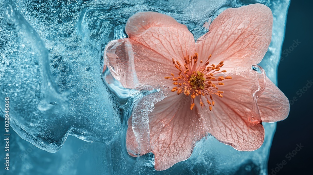 Aufkleber an abstract view of a single flower frozen in a large ice block, with a focus on the textures of bot
