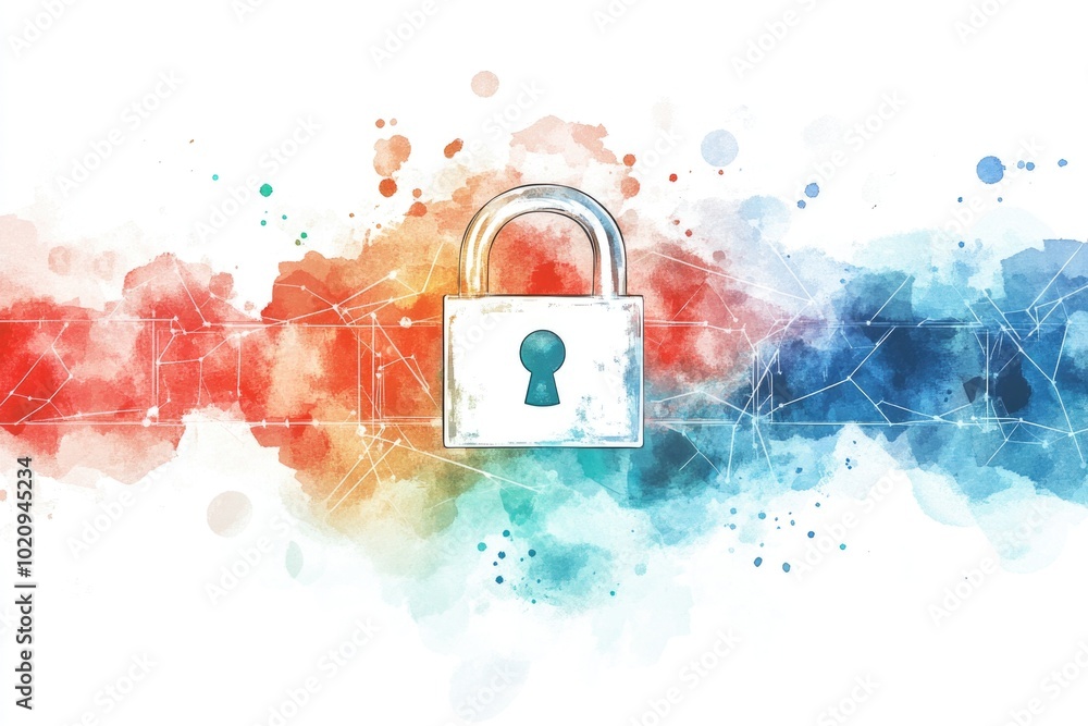 Poster a colorful watercolor background featuring a padlock as the main element