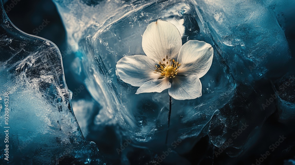 Aufkleber an abstract view of a single flower frozen in a large ice block, with a focus on the textures of bot