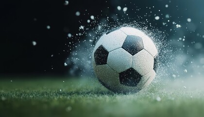Fototapeta premium A soccer ball splashes water while rolling on a grassy field, capturing motion and energy in dynamic action.